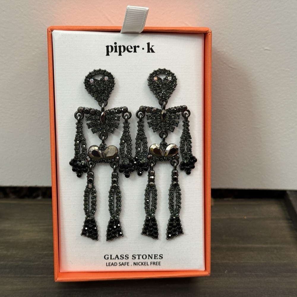 Gunmetal Skeleton Rhinestone Halloween Earrings‎ by Piper K. - Spooky Good!